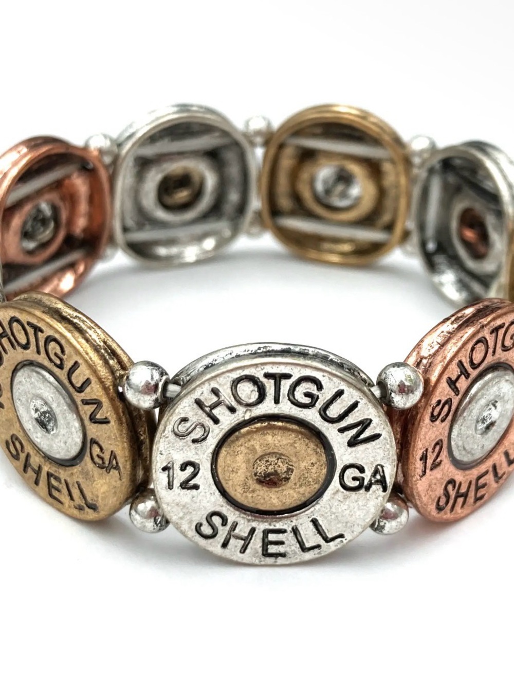 NWT Large 12 GA Shotgun Bullet Shell Stretch Bracelet Tri-Tone Metal